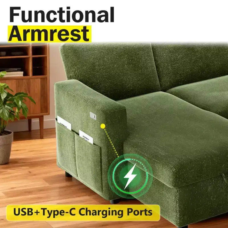 Dyonery 2 in 1 Pull Out Sleeper Sofa with Storage Chaise C Chenille Sectional Couch with USB Ports for Living Room