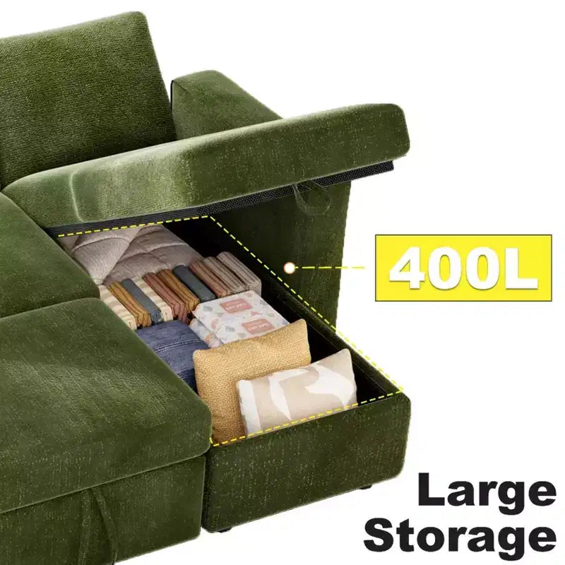 Dyonery 2 in 1 Pull Out Sleeper Sofa with Storage Chaise C Chenille Sectional Couch with USB Ports for Living Room