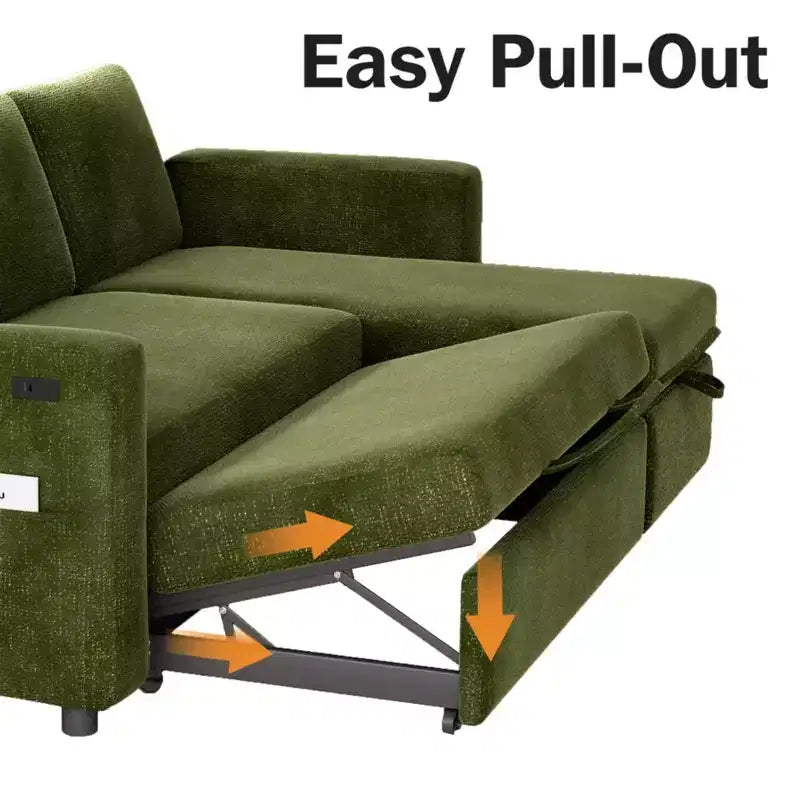 Dyonery 2 in 1 Pull Out Sleeper Sofa with Storage Chaise C Chenille Sectional Couch with USB Ports for Living Room