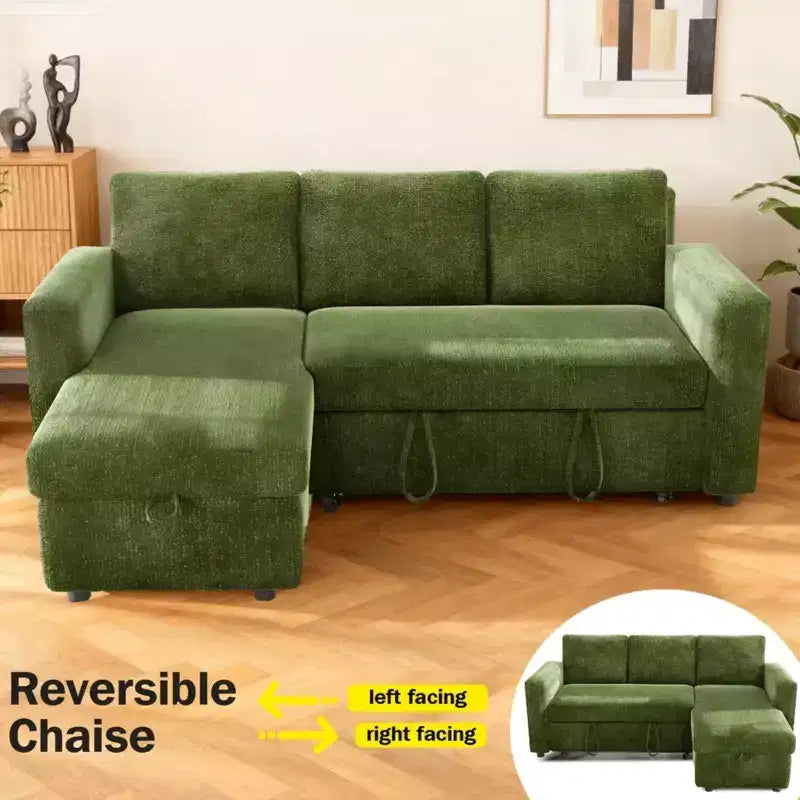 Dyonery 2 in 1 Pull Out Sleeper Sofa with Storage Chaise C Chenille Sectional Couch with USB Ports for Living Room