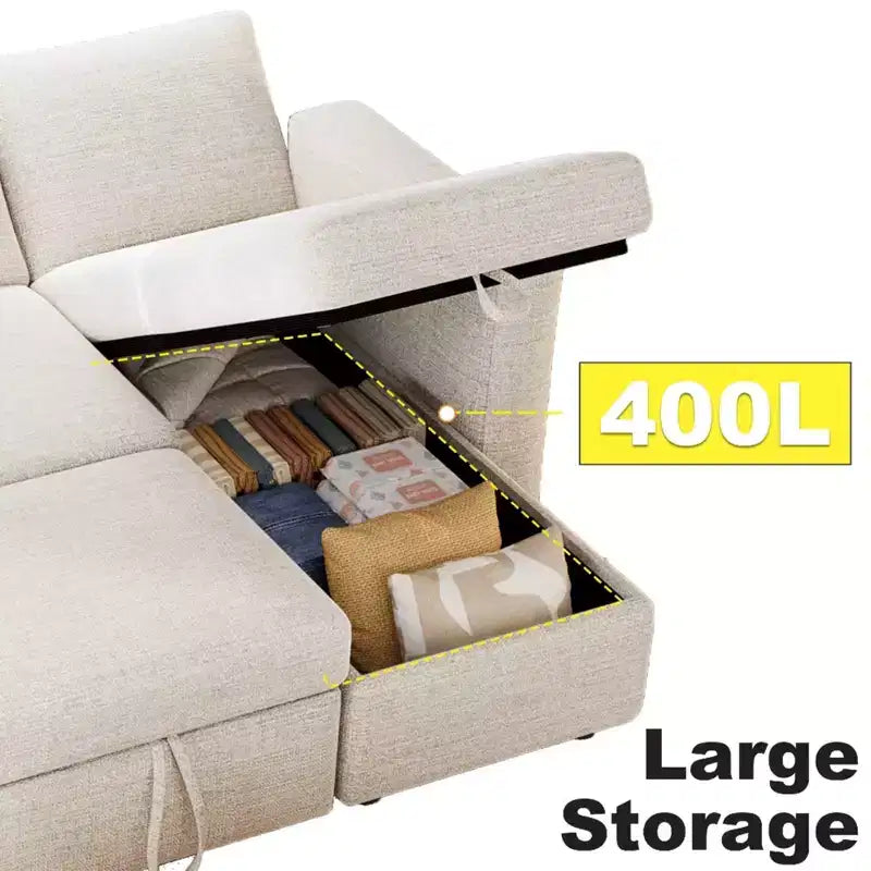 Dyonery 2 in 1 Pull Out Sleeper Sofa with Storage Chaise C Chenille Sectional Couch with USB Ports for Living Room