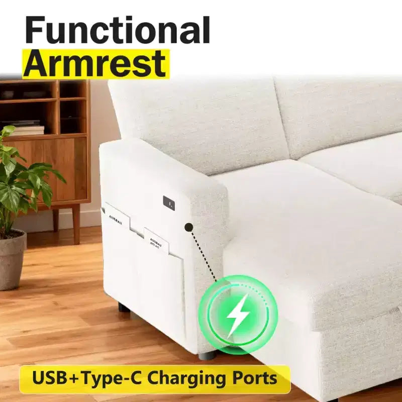 Dyonery 2 in 1 Pull Out Sleeper Sofa with Storage Chaise C Chenille Sectional Couch with USB Ports for Living Room