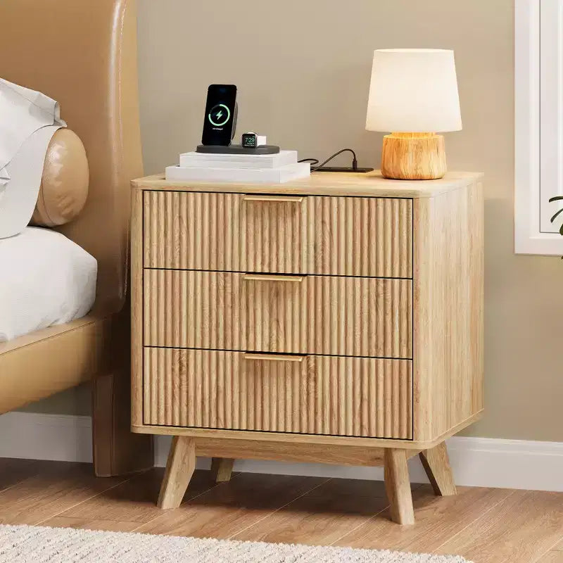 Nightstand, 24'' Bedside Table with Charging Station and 3 Drawers, Mid Century Modern Wood Night Stand for Bedroom, End Table for Living Room