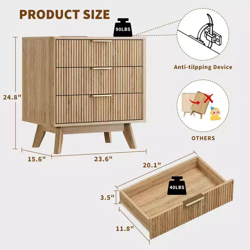 Nightstand, 24'' Bedside Table with Charging Station and 3 Drawers, Mid Century Modern Wood Night Stand for Bedroom, End Table for Living Room