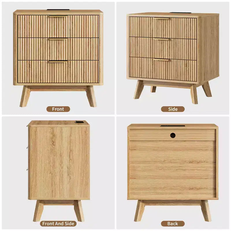 Nightstand, 24'' Bedside Table with Charging Station and 3 Drawers, Mid Century Modern Wood Night Stand for Bedroom, End Table for Living Room