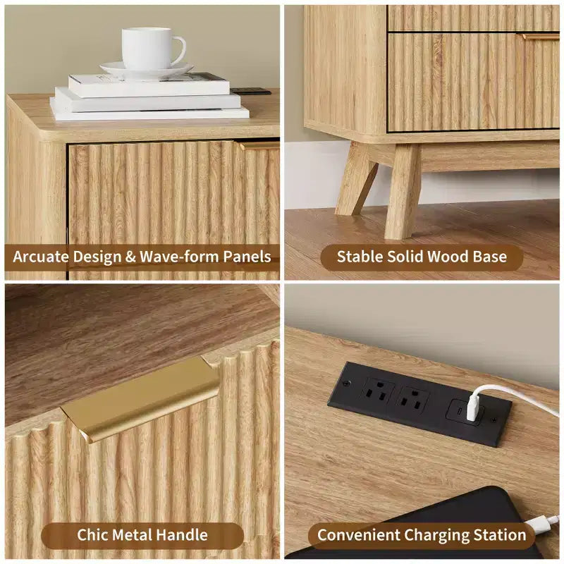 Nightstand, 24'' Bedside Table with Charging Station and 3 Drawers, Mid Century Modern Wood Night Stand for Bedroom, End Table for Living Room