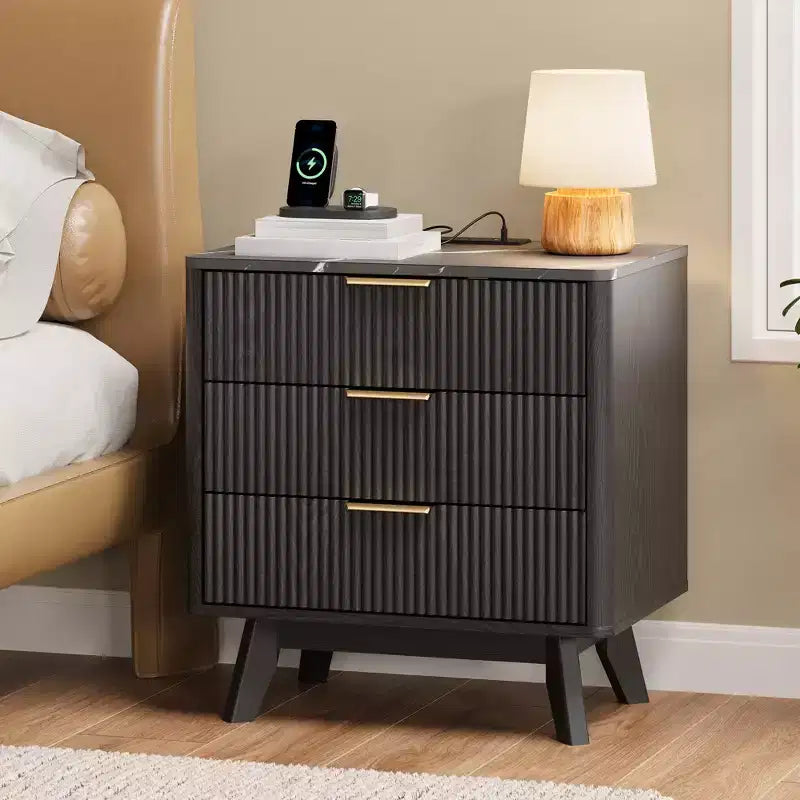 Nightstand, 24'' Bedside Table with Charging Station and 3 Drawers, Mid Century Modern Wood Night Stand for Bedroom, End Table for Living Room