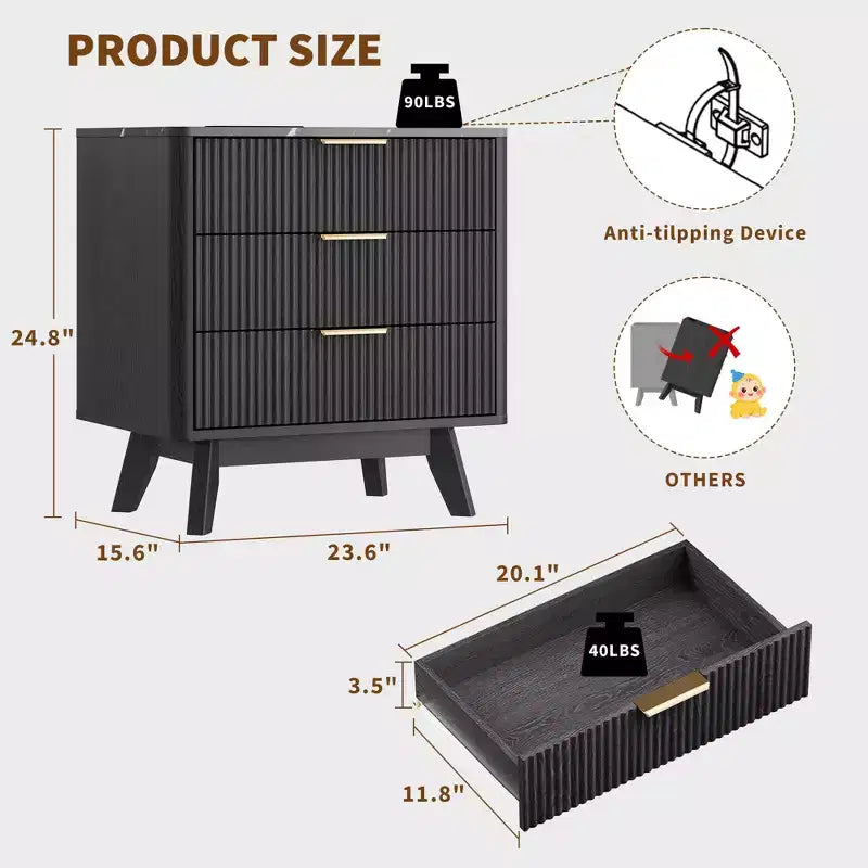 Nightstand, 24'' Bedside Table with Charging Station and 3 Drawers, Mid Century Modern Wood Night Stand for Bedroom, End Table for Living Room