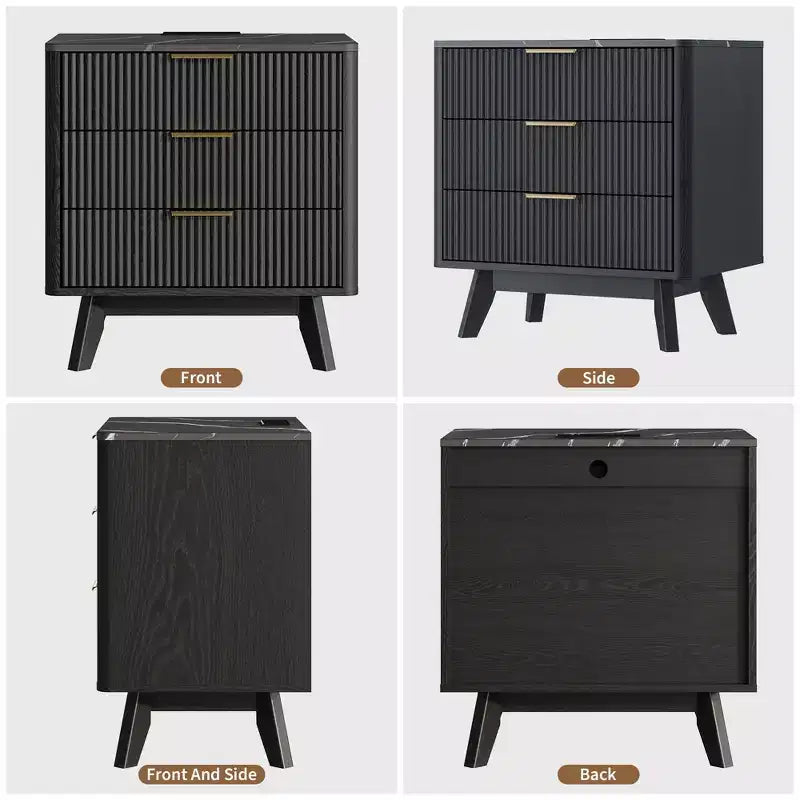 Nightstand, 24'' Bedside Table with Charging Station and 3 Drawers, Mid Century Modern Wood Night Stand for Bedroom, End Table for Living Room