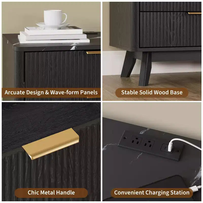 Nightstand, 24'' Bedside Table with Charging Station and 3 Drawers, Mid Century Modern Wood Night Stand for Bedroom, End Table for Living Room