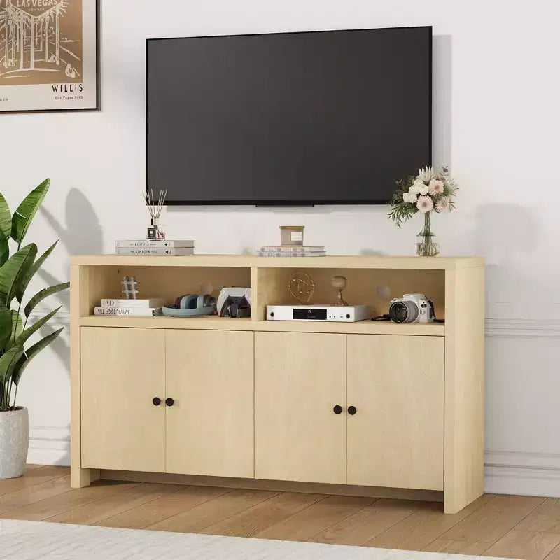55 Farmhouse Buffet Sideboard - 4-Door Wood Coffee Bar Cabinet w/ Adjustable Shelves for Kitchen, Dining & Living Room Storage