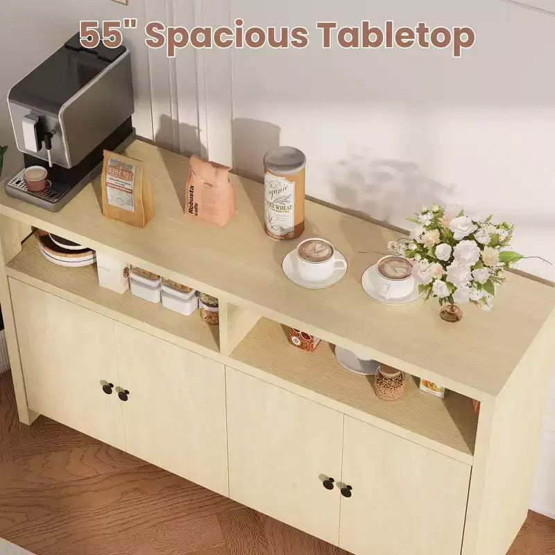 55 Farmhouse Buffet Sideboard - 4-Door Wood Coffee Bar Cabinet w/ Adjustable Shelves for Kitchen, Dining & Living Room Storage