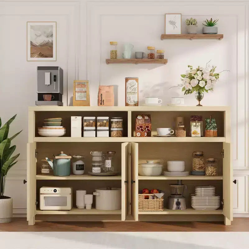 55 Farmhouse Buffet Sideboard - 4-Door Wood Coffee Bar Cabinet w/ Adjustable Shelves for Kitchen, Dining & Living Room Storage