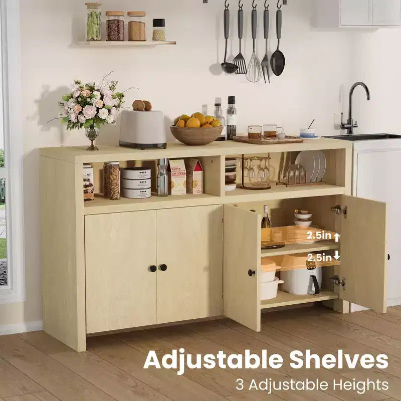 55 Farmhouse Buffet Sideboard - 4-Door Wood Coffee Bar Cabinet w/ Adjustable Shelves for Kitchen, Dining & Living Room Storage