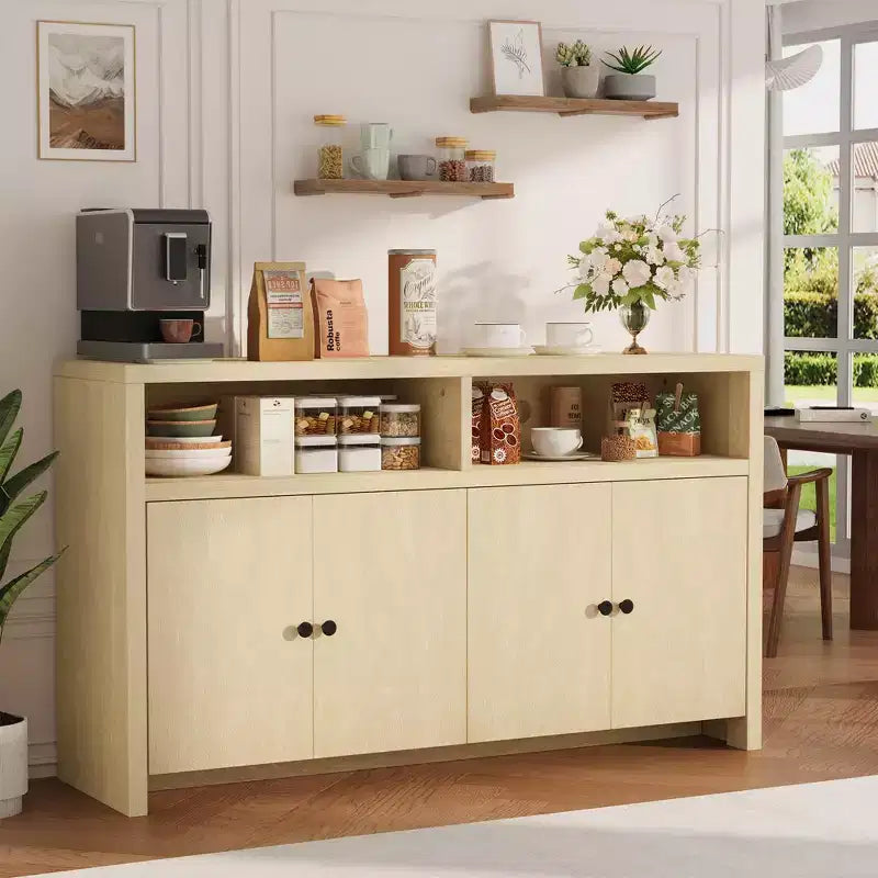 55 Farmhouse Buffet Sideboard - 4-Door Wood Coffee Bar Cabinet w/ Adjustable Shelves for Kitchen, Dining & Living Room Storage