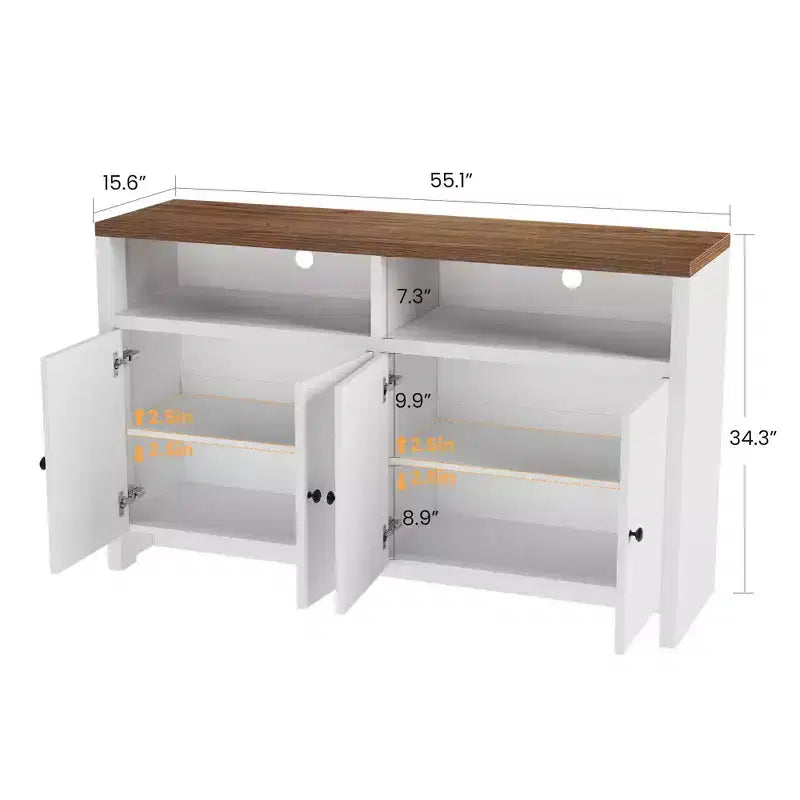 55 Farmhouse Buffet Sideboard - 4-Door Wood Coffee Bar Cabinet w/ Adjustable Shelves for Kitchen, Dining & Living Room Storage