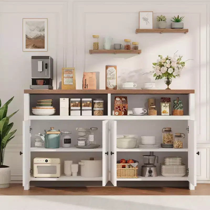 55 Farmhouse Buffet Sideboard - 4-Door Wood Coffee Bar Cabinet w/ Adjustable Shelves for Kitchen, Dining & Living Room Storage
