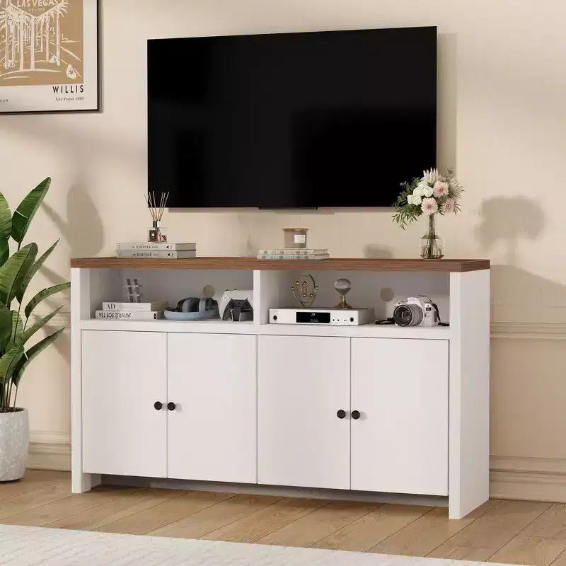 55 Farmhouse Buffet Sideboard - 4-Door Wood Coffee Bar Cabinet w/ Adjustable Shelves for Kitchen, Dining & Living Room Storage