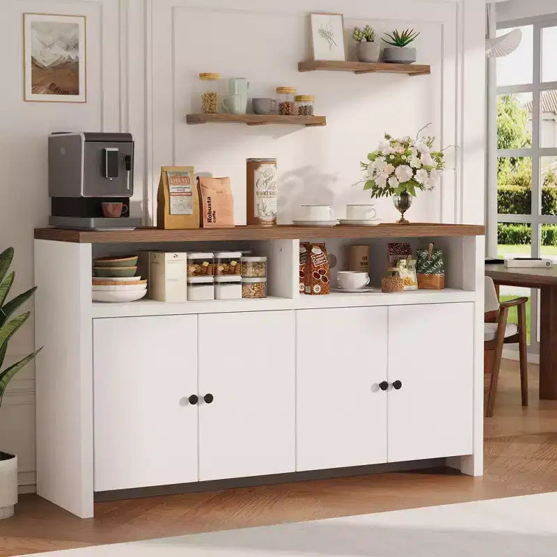55 Farmhouse Buffet Sideboard - 4-Door Wood Coffee Bar Cabinet w/ Adjustable Shelves for Kitchen, Dining & Living Room Storage