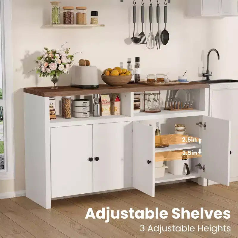 55 Farmhouse Buffet Sideboard - 4-Door Wood Coffee Bar Cabinet w/ Adjustable Shelves for Kitchen, Dining & Living Room Storage
