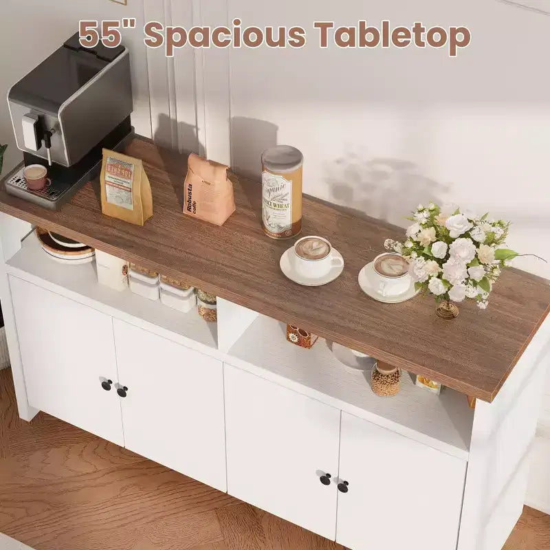 55 Farmhouse Buffet Sideboard - 4-Door Wood Coffee Bar Cabinet w/ Adjustable Shelves for Kitchen, Dining & Living Room Storage