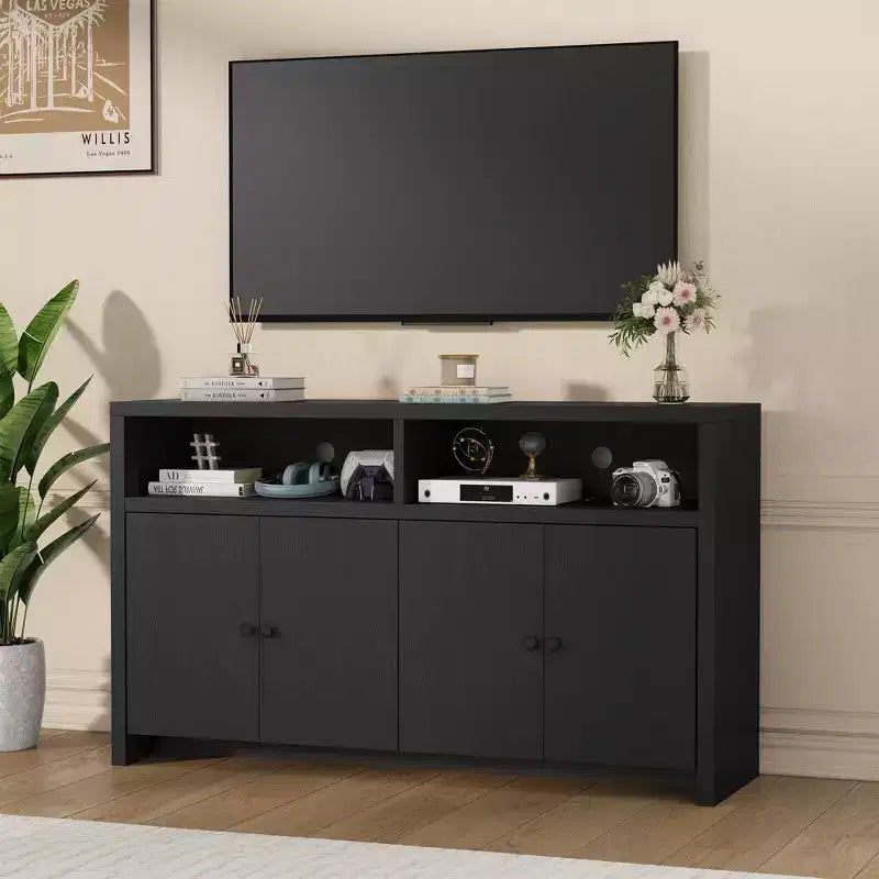 55 Farmhouse Buffet Sideboard - 4-Door Wood Coffee Bar Cabinet w/ Adjustable Shelves for Kitchen, Dining & Living Room Storage