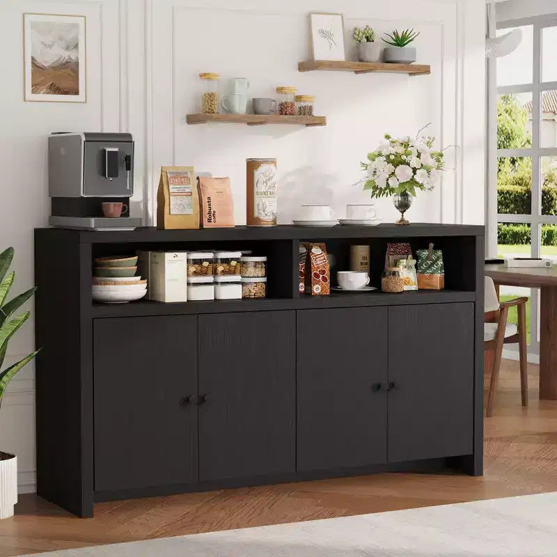 55 Farmhouse Buffet Sideboard - 4-Door Wood Coffee Bar Cabinet w/ Adjustable Shelves for Kitchen, Dining & Living Room Storage