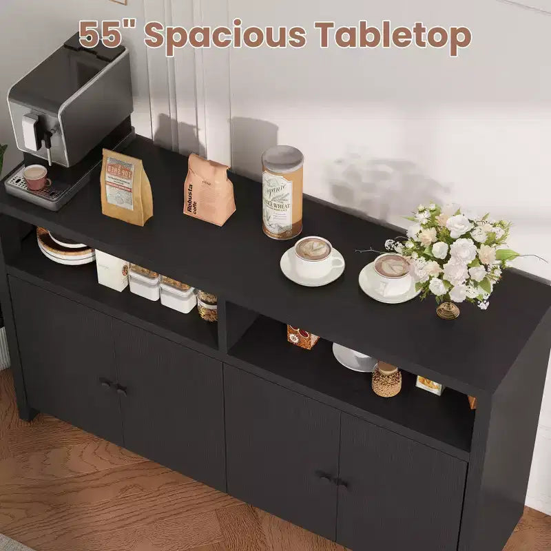 55 Farmhouse Buffet Sideboard - 4-Door Wood Coffee Bar Cabinet w/ Adjustable Shelves for Kitchen, Dining & Living Room Storage
