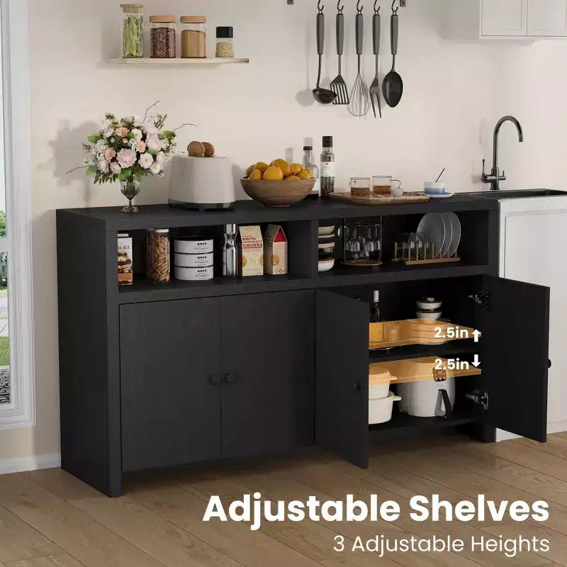 55 Farmhouse Buffet Sideboard - 4-Door Wood Coffee Bar Cabinet w/ Adjustable Shelves for Kitchen, Dining & Living Room Storage