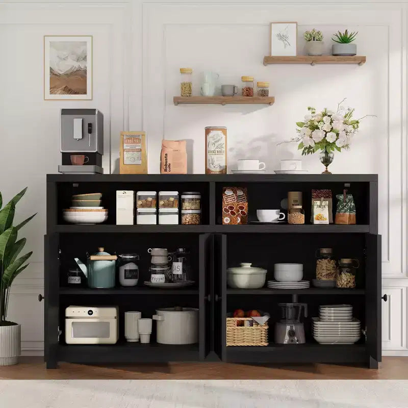 55 Farmhouse Buffet Sideboard - 4-Door Wood Coffee Bar Cabinet w/ Adjustable Shelves for Kitchen, Dining & Living Room Storage