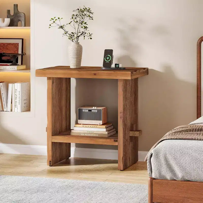 Lantine Solid Wood Nightstand with Storage, Farmhouse Rectangle Bedside Table with Wooden Base for Bedroom Accent Furniture, Brown
