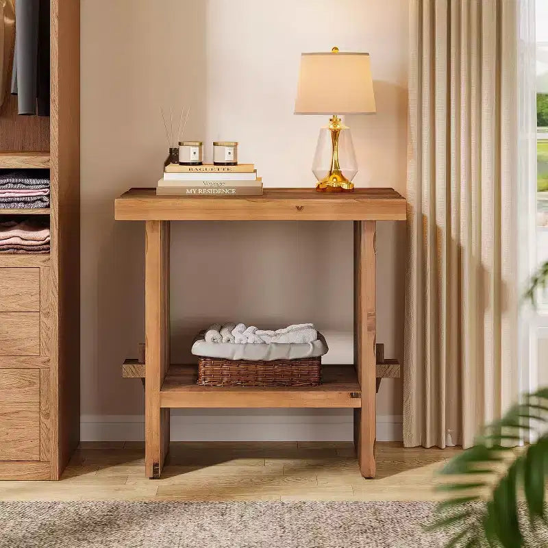 Lantine Solid Wood Nightstand with Storage, Farmhouse Rectangle Bedside Table with Wooden Base for Bedroom Accent Furniture, Brown