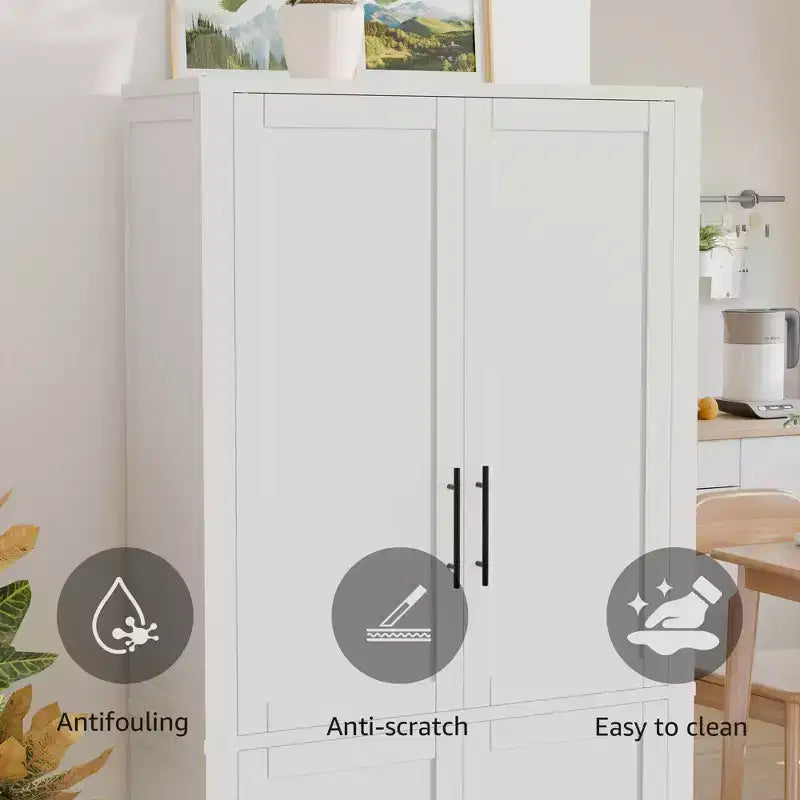 MAYEERTY 67x28x15 Inch White Wood Grain Freestanding 4-Door Storage Cabinet with Solid Wood Doors for Home Living Room