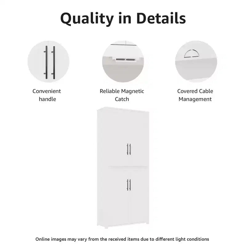 MAYEERTY 67x28x15 Inch White Wood Grain Freestanding 4-Door Storage Cabinet with Solid Wood Doors for Home Living Room