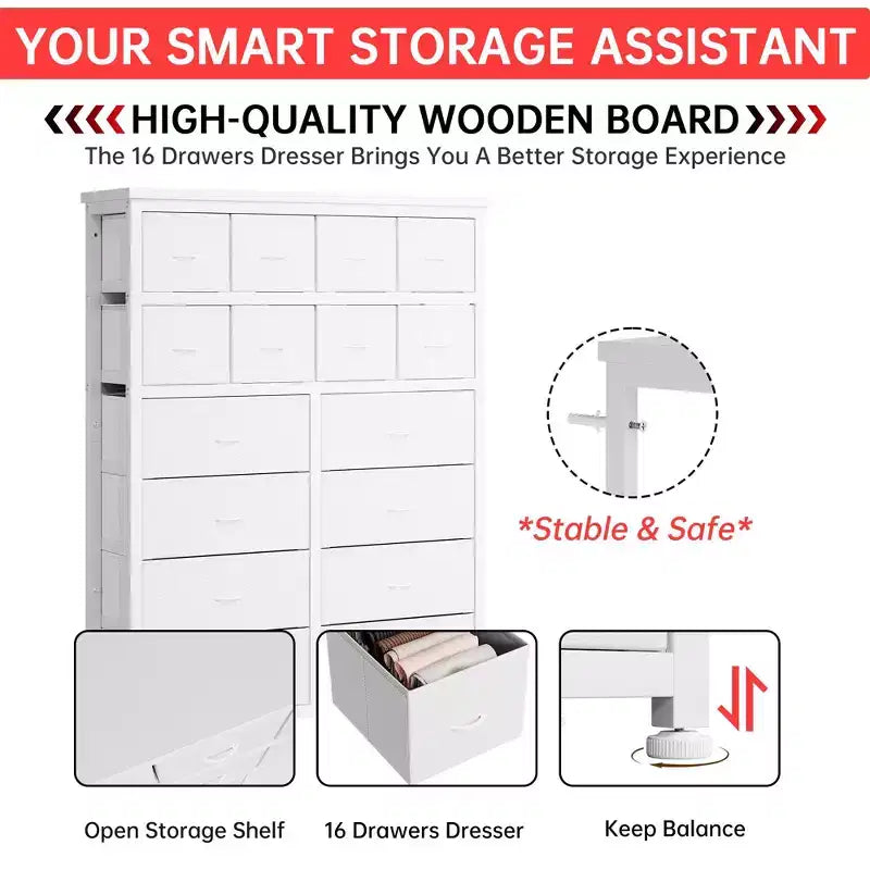 Tall Dresser for Bedroom,16 Drawer Dressers & Chests of Drawers, Fabric Storage Cabinet for Bedroom, Living Room, White