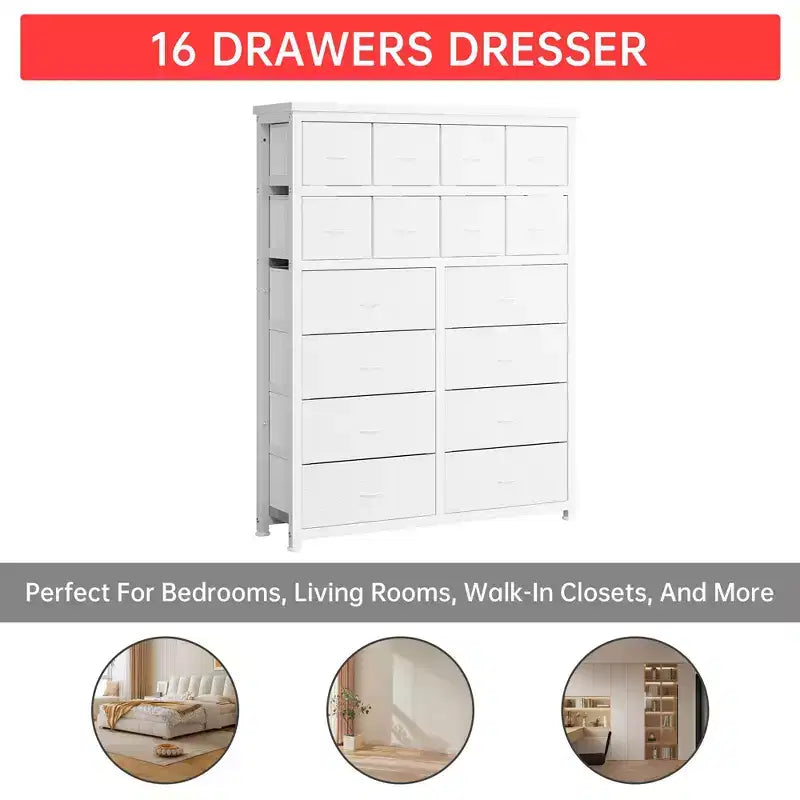 Tall Dresser for Bedroom,16 Drawer Dressers & Chests of Drawers, Fabric Storage Cabinet for Bedroom, Living Room, White