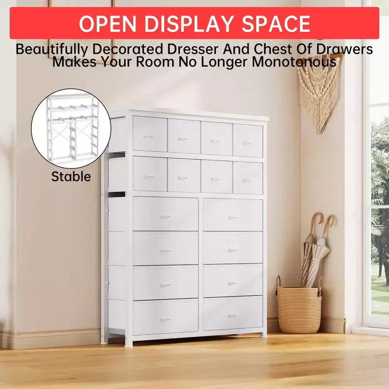Tall Dresser for Bedroom,16 Drawer Dressers & Chests of Drawers, Fabric Storage Cabinet for Bedroom, Living Room, White