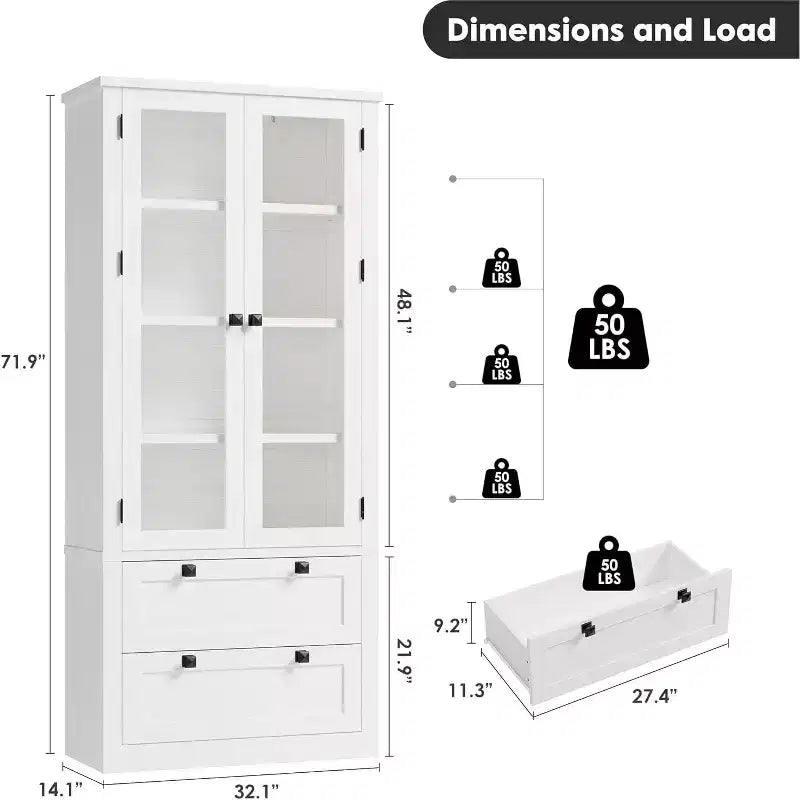 72 Kitchen Pantry Storage Cabinet, Modern Farmhouse Pantry with 2 Large Drawers & Adjustable Shelves, Freestanding Kitchen Cupboard for Dining Room