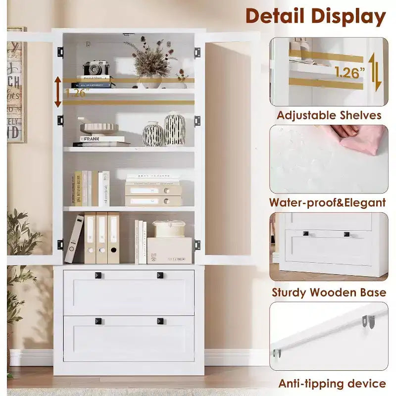 72 Kitchen Pantry Storage Cabinet, Modern Farmhouse Pantry with 2 Large Drawers & Adjustable Shelves, Freestanding Kitchen Cupboard for Dining Room