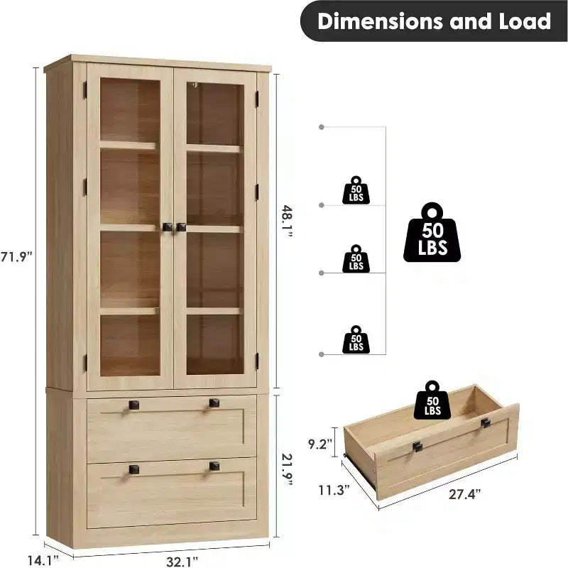 72 Kitchen Pantry Storage Cabinet, Modern Farmhouse Pantry with 2 Large Drawers & Adjustable Shelves, Freestanding Kitchen Cupboard for Dining Room
