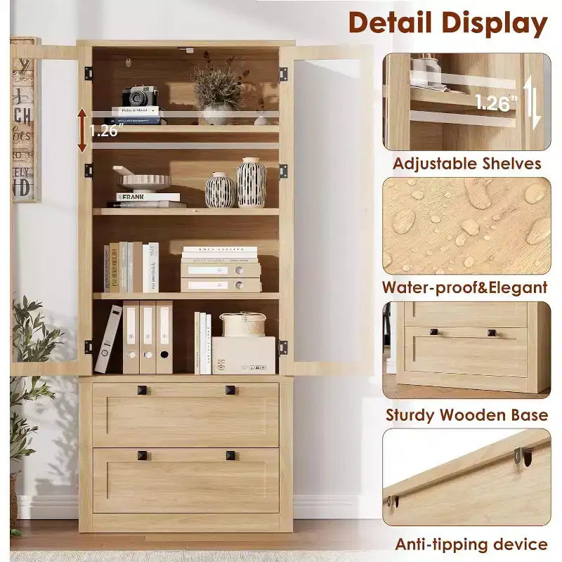 72 Kitchen Pantry Storage Cabinet, Modern Farmhouse Pantry with 2 Large Drawers & Adjustable Shelves, Freestanding Kitchen Cupboard for Dining Room
