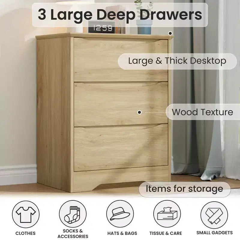 Modern Dresser with 3 Spacious Drawers - 23.6x14.2x29.5, Hidden Handles for Bedroom & Living Room