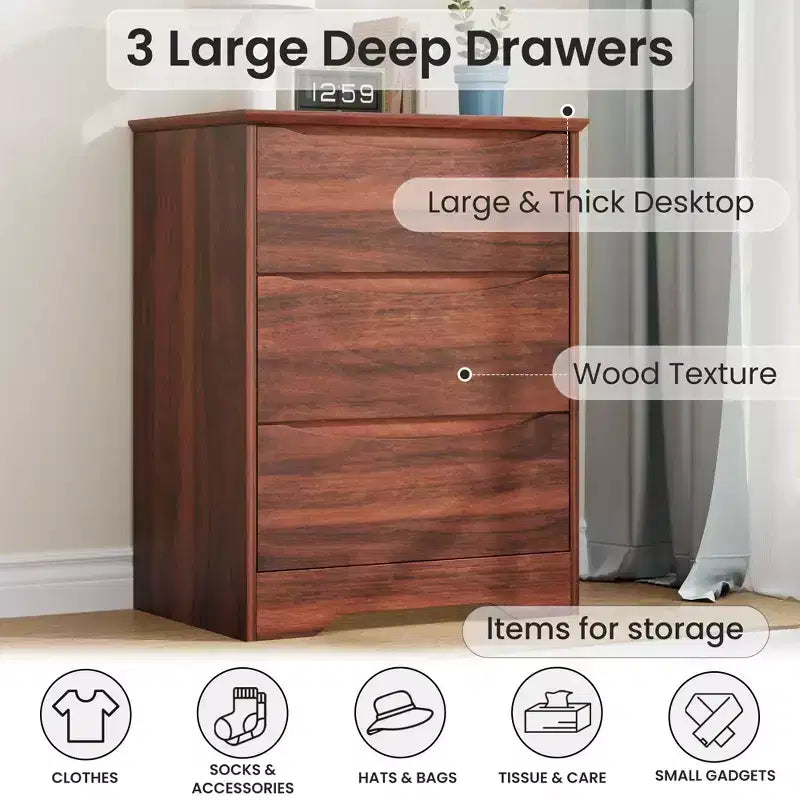 Modern Dresser with 3 Spacious Drawers - 23.6x14.2x29.5, Hidden Handles for Bedroom & Living Room