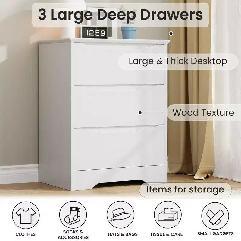 Modern Dresser with 3 Spacious Drawers - 23.6x14.2x29.5, Hidden Handles for Bedroom & Living Room