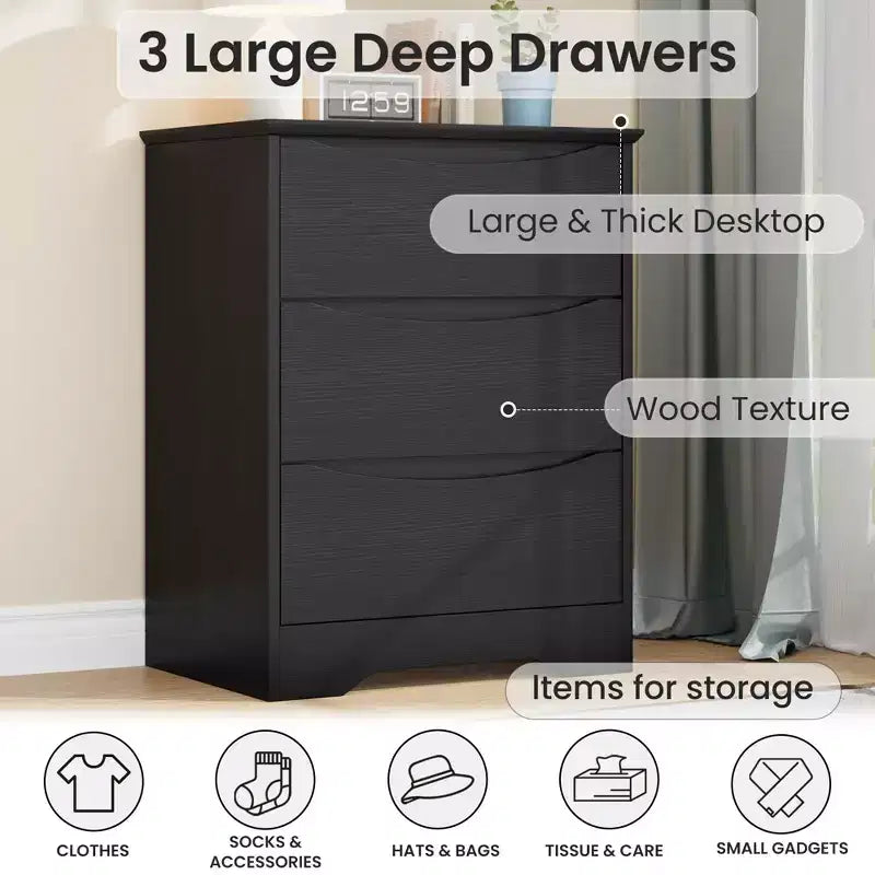 Modern Dresser with 3 Spacious Drawers - 23.6x14.2x29.5, Hidden Handles for Bedroom & Living Room