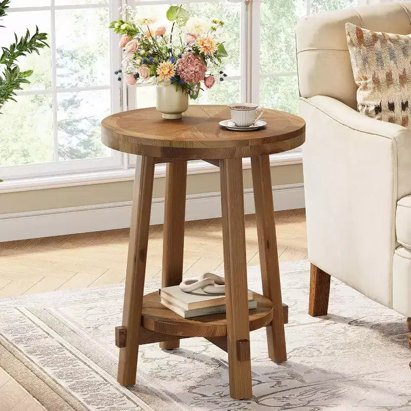 Lantine Solid Wood Side Table for Living Room, FarmhouseSmall Round End Table with 2-Tier Storage for Small Spaces, Bedroom, Brown