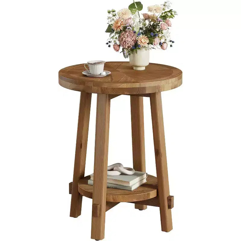 Lantine Solid Wood Side Table for Living Room, FarmhouseSmall Round End Table with 2-Tier Storage for Small Spaces, Bedroom, Brown