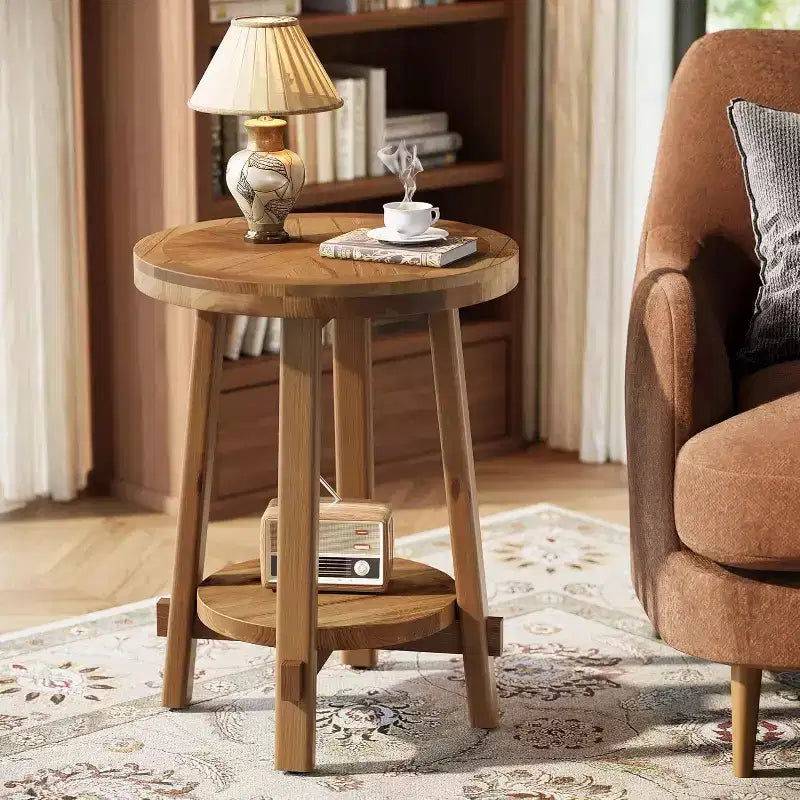 Lantine Solid Wood Side Table for Living Room, FarmhouseSmall Round End Table with 2-Tier Storage for Small Spaces, Bedroom, Brown