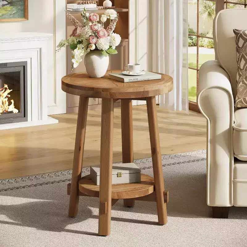 Lantine Solid Wood Side Table for Living Room, FarmhouseSmall Round End Table with 2-Tier Storage for Small Spaces, Bedroom, Brown