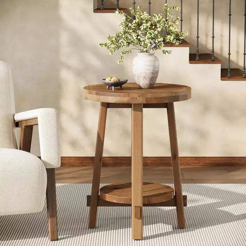 Lantine Solid Wood Side Table for Living Room, FarmhouseSmall Round End Table with 2-Tier Storage for Small Spaces, Bedroom, Brown